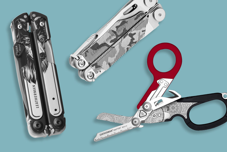 A collection of customized leatherman tools