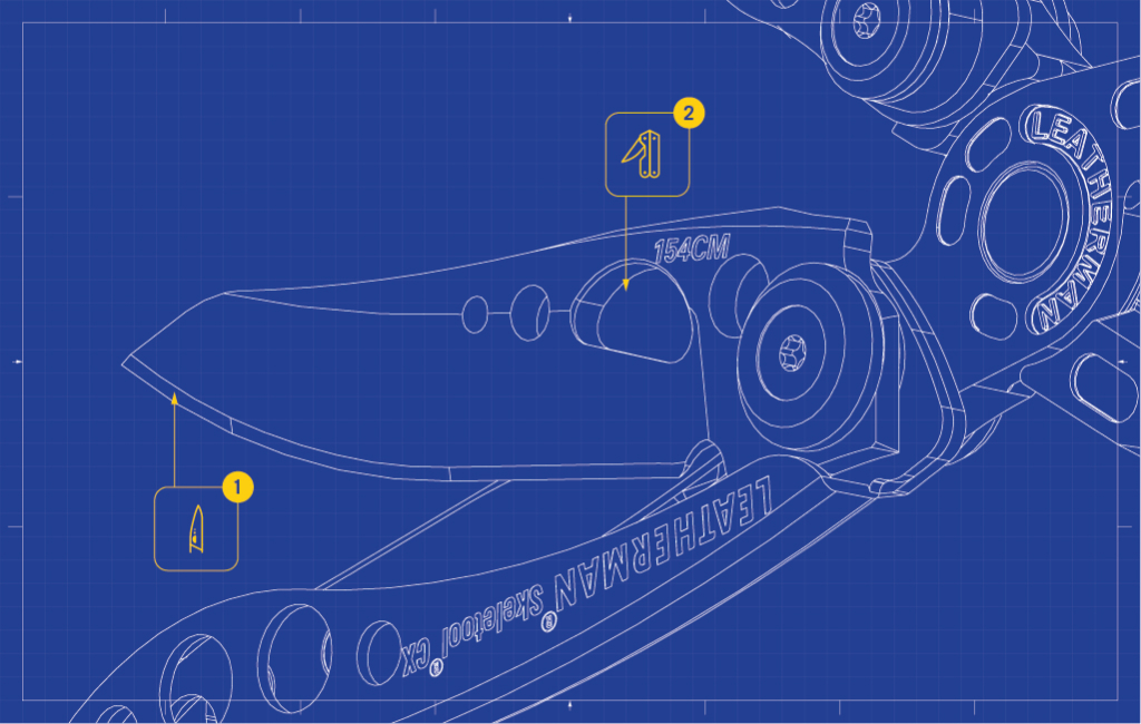 Anatomy of Skeletool CX showing the knife blade and thumb hole for easy one handed opening