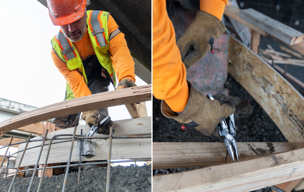 Side by side images at a construction site. Left: worker in an orange jacket and hard hat works on concrete with rebar. Right: close-up of hands using a Leatherman Surge multitool to twist wire on wooden formwork and rebar.