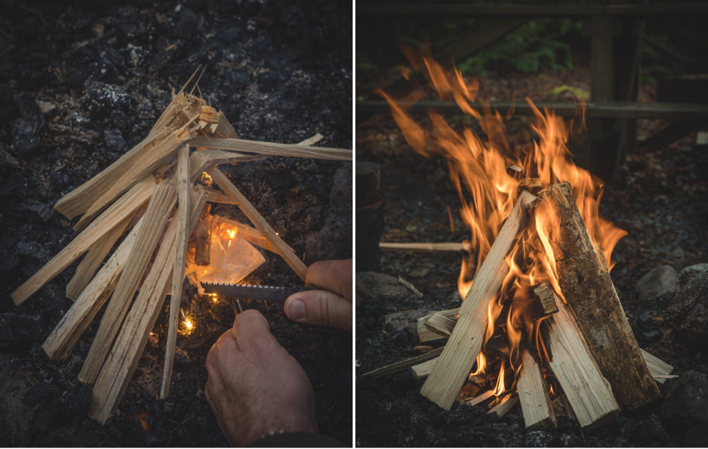 Side-by-side: Signal ferro rod being used to start a fire; Fire catching on Teepee style campfire build