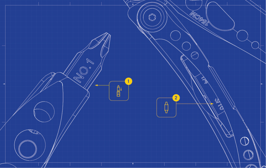 Anatomy of Skeletool CX showing large bit driver and bit storage