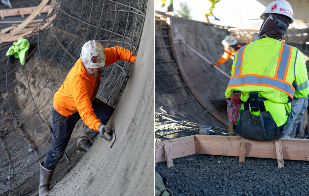 Side by side images. Left: worker in an orange shirt and white hard hat smooths a concrete surface. Right: worker in a yellow vest and white hard hat kneels on asphalt, working near wooden planks.