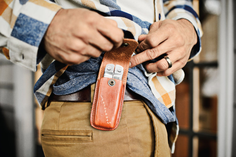 Leatherman Rebar in a Leatherman Heritage sheath on a man's belt