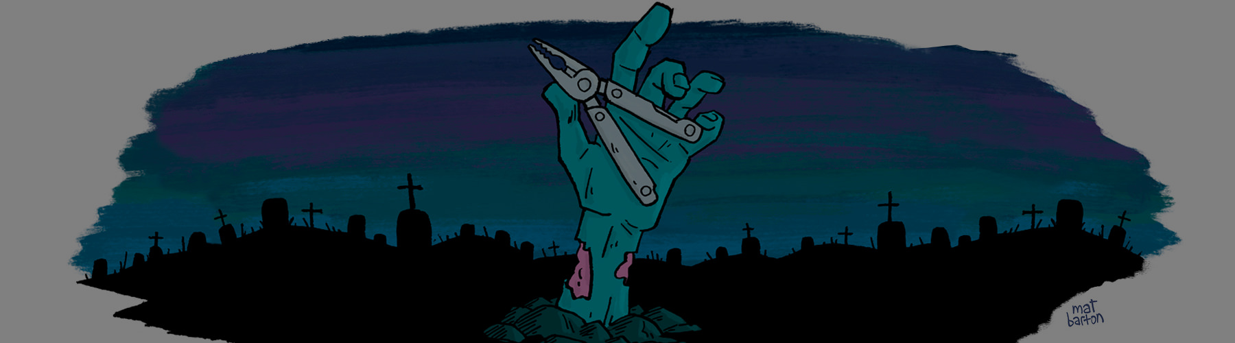 Zombie hand coming out of the ground holding a Leatherman multi-tool.