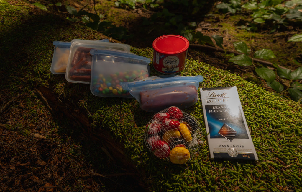 A collection of snacks and food items in a bag, placed on a vibrant mossy ground, showcasing nature's beauty.