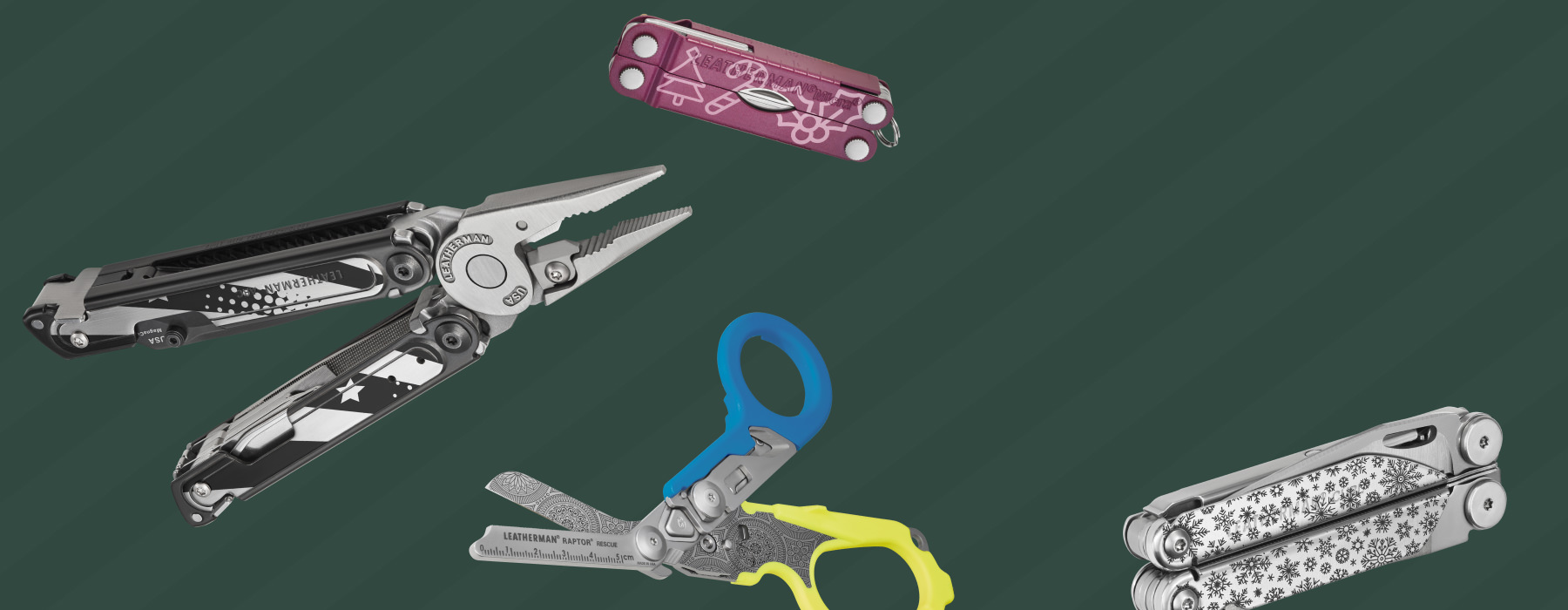 A variety of Leatherman tools displayed together, showcasing different types and designs for various applications.