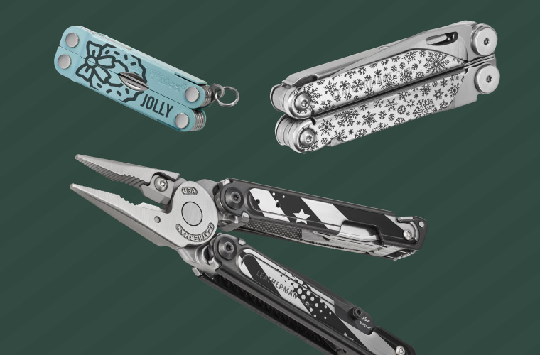 Three custom Leatherman tools displayed, highlighting their different styles and practical uses for various tasks.