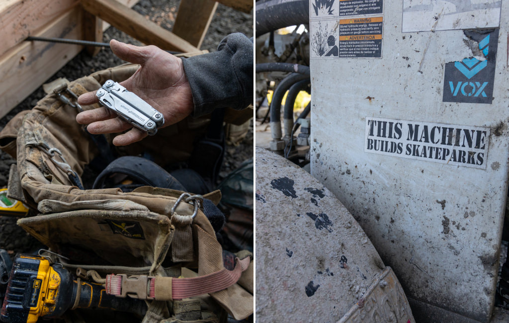 Side by side images. Left: close-up of a hand holding a folded Leatherman Surge multi-tool above a tool bag with various items. Right: close-up of a label on machinery reading “THIS MACHINE BUILDS SKATEPARKS” with stickers and signs of wear.