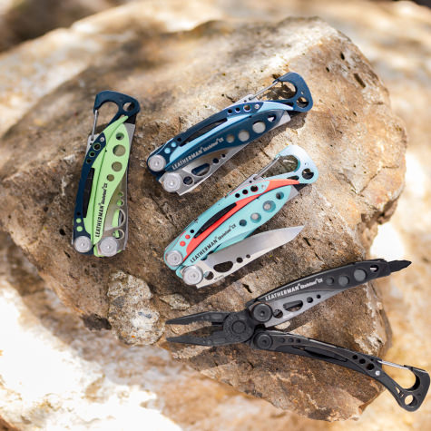 Four variants of Skeletool CX on top of the rock