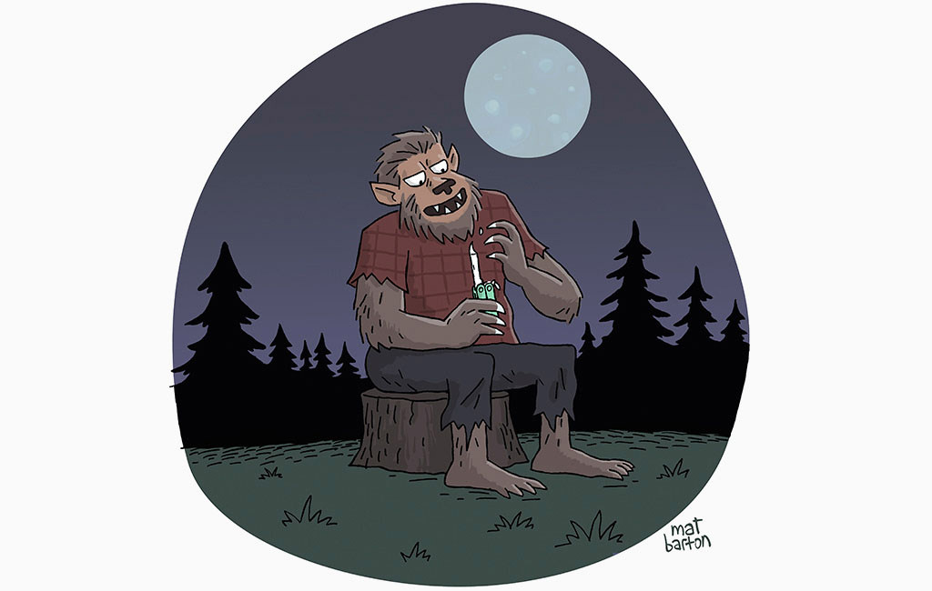 Werewolf sitting on a tree stump using the nail file on a Leatherman Micra to file his nails.