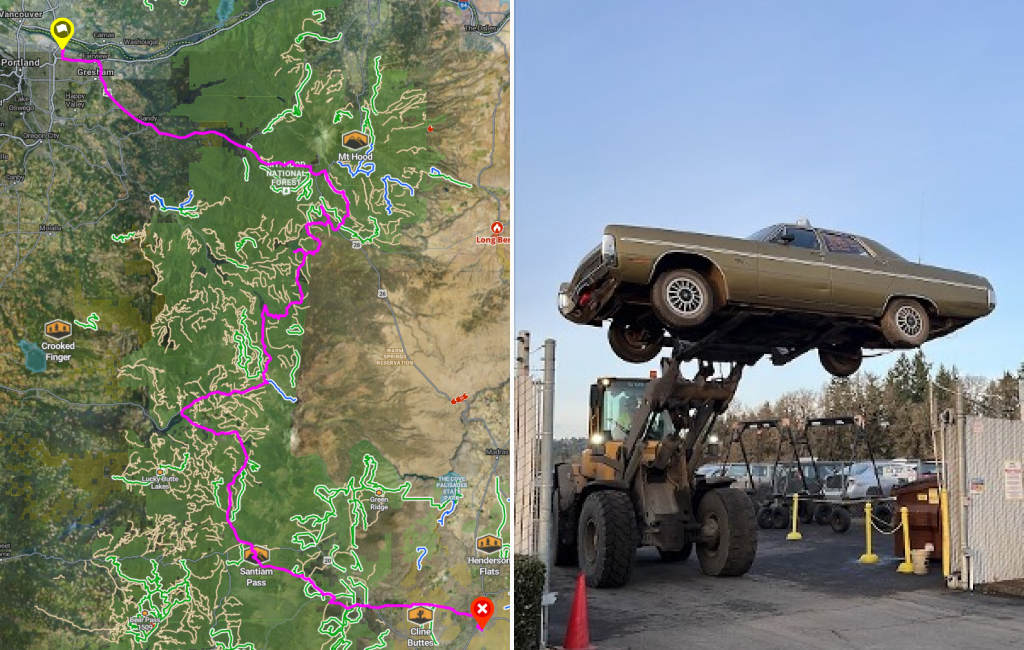 Two side-by-side photos: The left photo shows a map of Oregon with a route planned out. The right photo shows a Plymouth car being lifted into the air by a forklift..