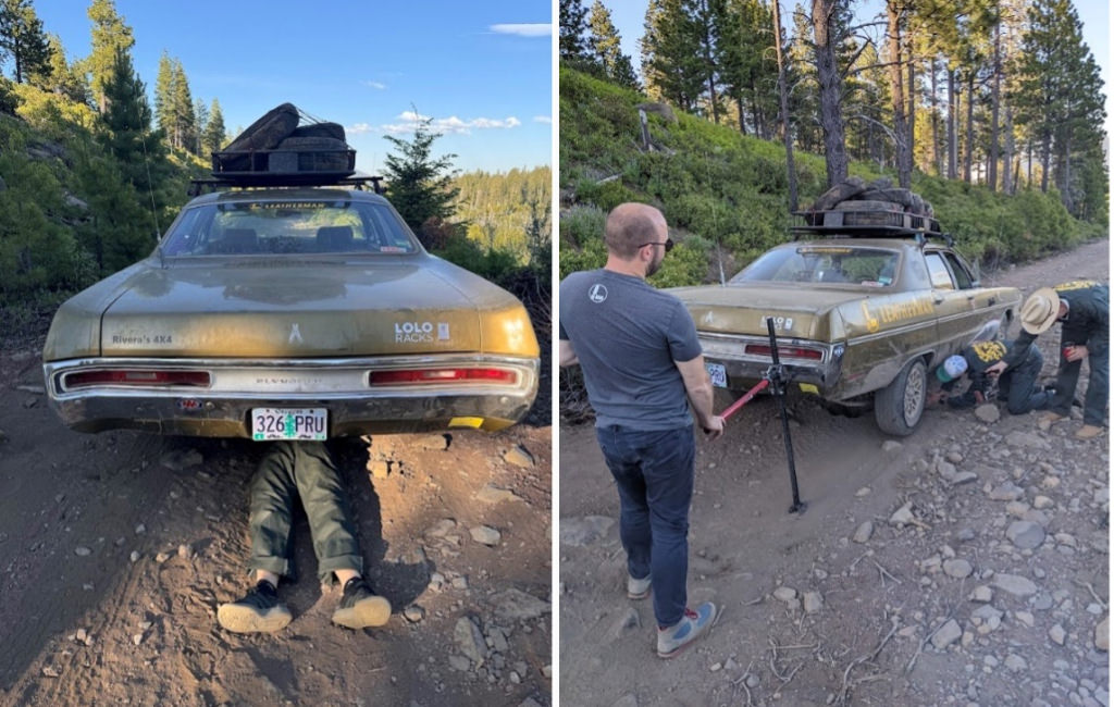 Two side-by-side photos: The left photo shows the back of a car with a person working underneath. The right photo shows two people kneeling next to a car inspecting the undercarriage with another guy behind the car keeping it lifted using a car jack.