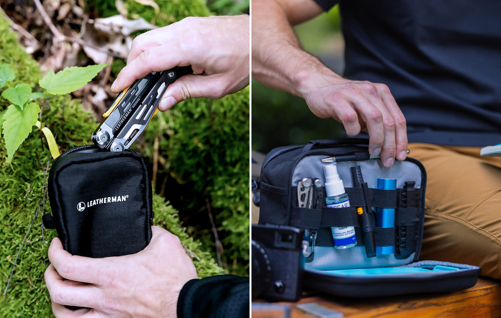 Two side-by-side photos: The left photo shows a Leatherman Signal being put into a Leatherman tool pouch. The right photo shows a Leatherman Adapt kit open on a bench next to a man showing various products inside.