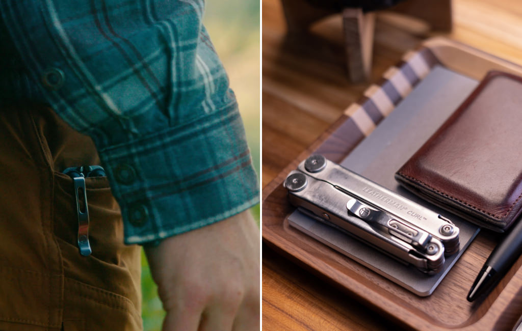 Two side-by-side photos: The left photo shows a Leatherman tool in a man's pocket using a pocket clip. The right photo shows a Leatherman Curl with a pocket clip closed on a tray next to a wallet and pen.