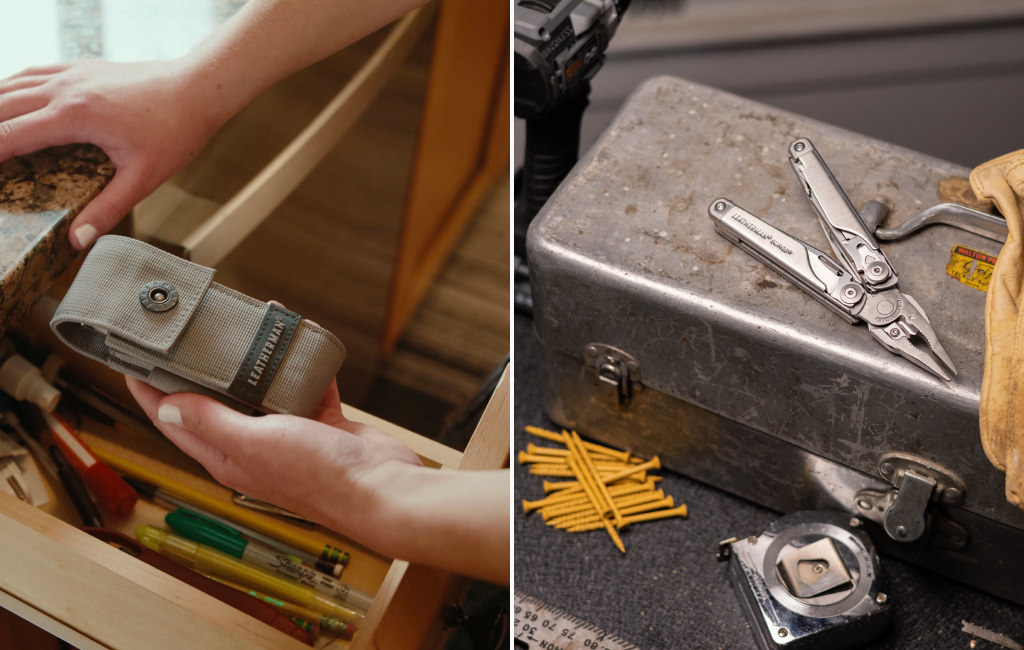 Two side-by-side photos: The left photo shows a person holding a Leatherman nylon sheath with pockets. The right photo shows a Leatherman Wave+ open showing pliers on top of a tool box.