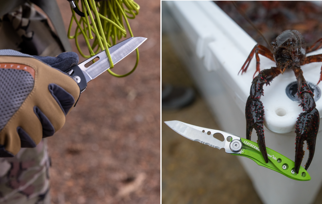 K series knife being used on paracord, crawdad wielding a skeletool kbx