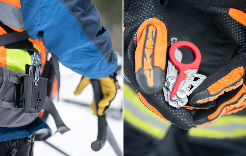 Two side-by-side photos: The left photo shows Raptor Rescue in holster deployed and folded. The right photo shows a gloved hand of a responder holding a Raptor Rescue.