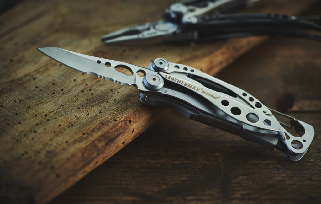 Skeletool on a table with blade out