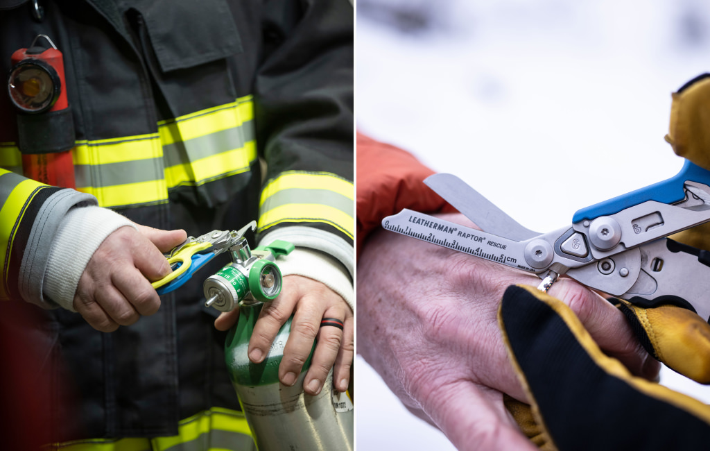 Two side-by-side photos: The left photo shows a firefighter adjusting an oxygen tank using Raptor Rescue. The right photo showing a hand using a Raptor Rescue to cut a ring on a finger.