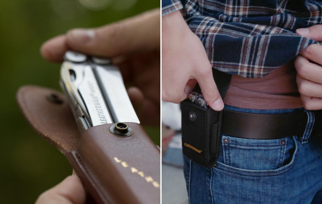 Two side-by-side photos: The left photo shows a Leatherman tool being put into a Leatherman Heritage sheath. The right photo shows a man grabbing a tool from a Leatherman nylon sheath that is on a belt loop.