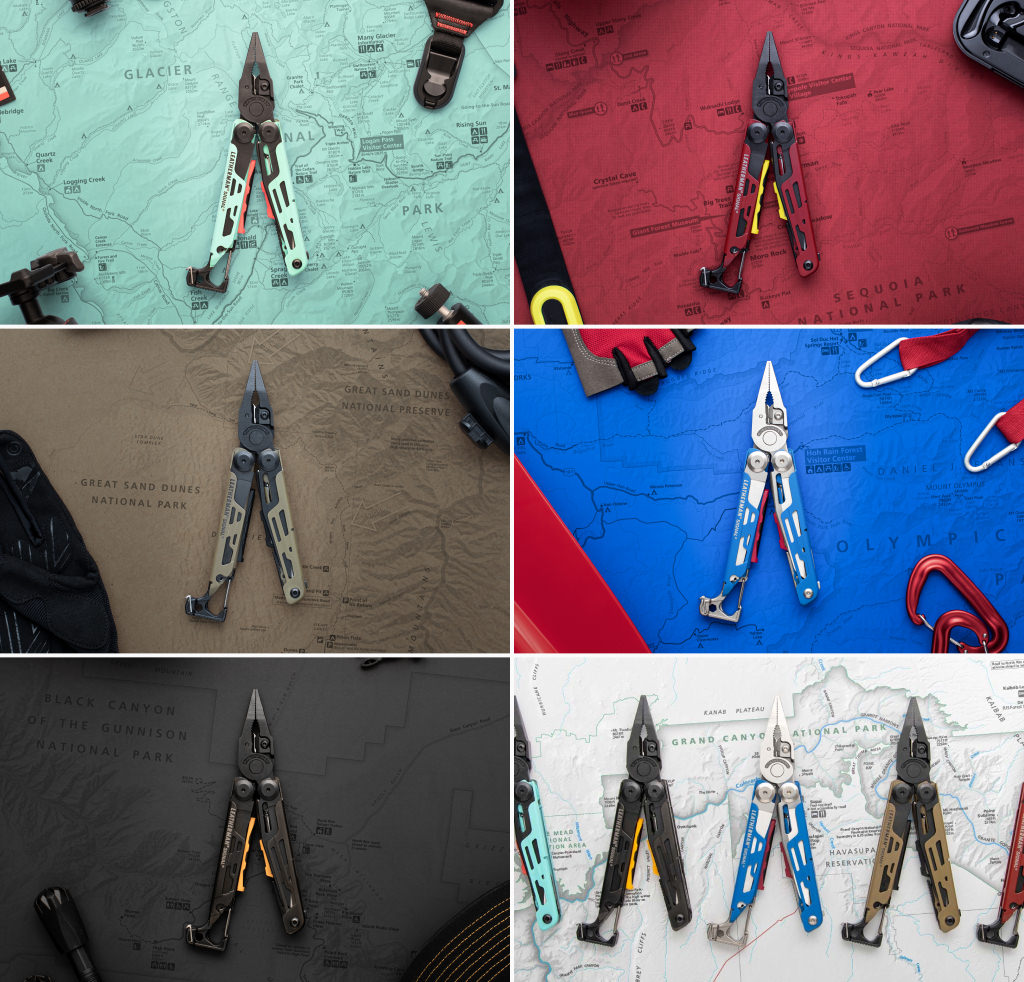 Row 1 Leatherman Aqua signal on top of map, Crimson Signal on top of map, Row 2 Coyote Tan Signal on top of map, Cobalt Signal on top of map, Row 3 Black Signal on top of map, Aqua, Black, Cobalt, Coyote Tan, Crimson Signal on top of map